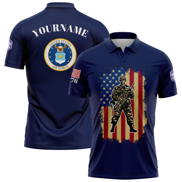 Custom Navy 1776 American Flag U.S Air Force Military Rank Name Golf Polo Shirt