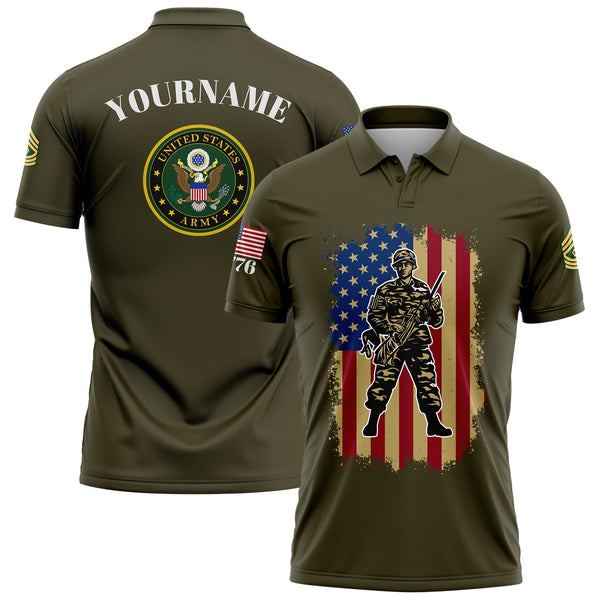 Custom Olive 1776 American Flag U.S Army Military Rank Name Golf Polo Shirt
