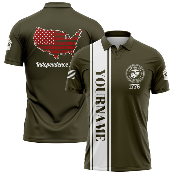 Custom Olive USA Map Military Rank Name Independence Day Golf Polo Shirt