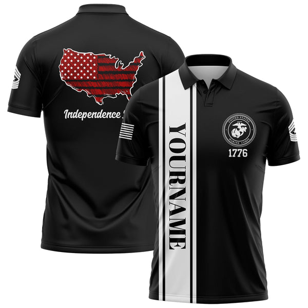 Custom Black USA Map Military Rank Name Independence Day Golf Polo Shirt