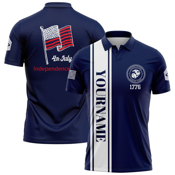 Custom Navy 4th July American Flag Military Rank Name Independence Day Golf Polo Shirt