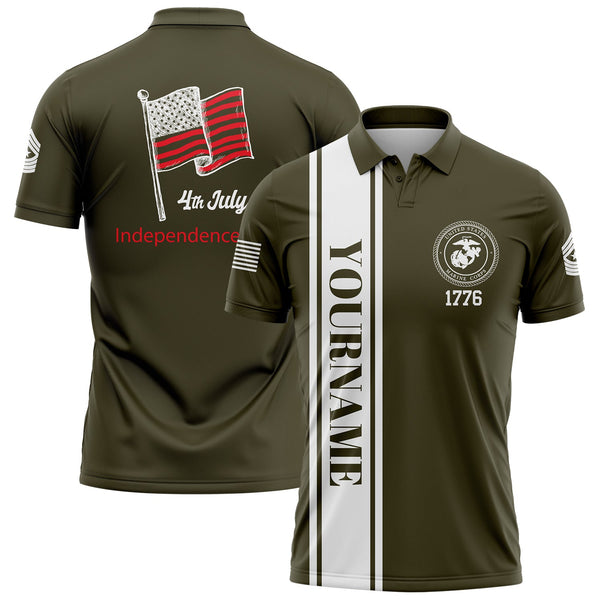 Custom Olive 4th July American Flag Military Rank Name Independence Day Golf Polo Shirt