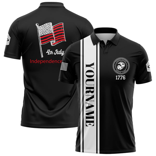 Custom Black 4th July American Flag Military Rank Name Independence Day Golf Polo Shirt