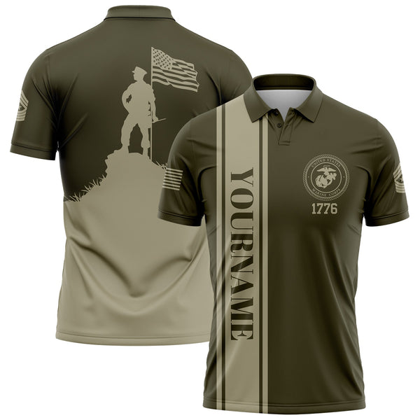 Custom Olive American Flag Military Rank Name Independence Day Golf Polo Shirt