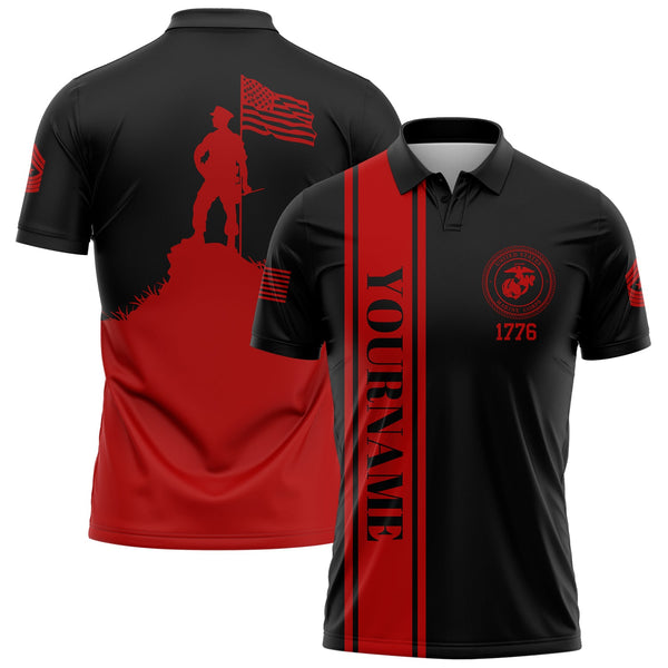 Custom Black American Flag Military Rank Name Independence Day Golf Polo Shirt