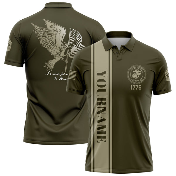 Custom Olive Eagle American Flag Military Rank Name Independence Day Golf Polo Shirt