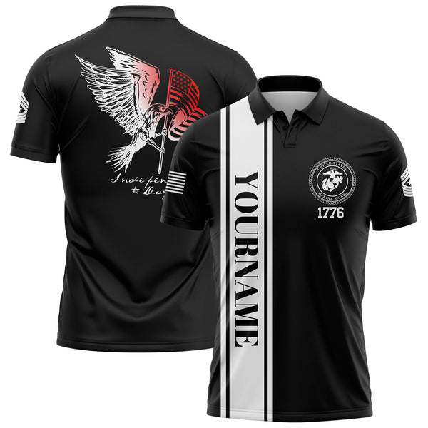 Custom Black Eagle American Flag Military Rank Name Independence Day Golf Polo Shirt