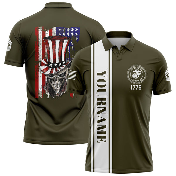 Custom Olive Magician Skull Military Rank Name Independence Day Golf Polo Shirt
