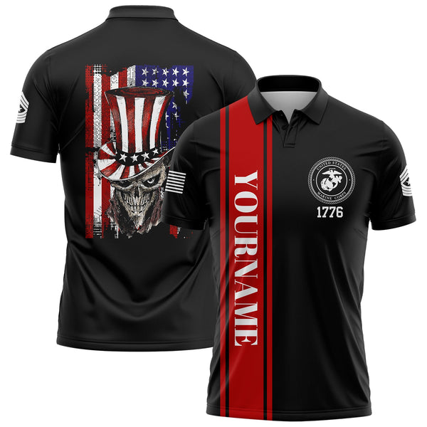 Custom Black Magician Skull Military Rank Name Independence Day Golf Polo Shirt