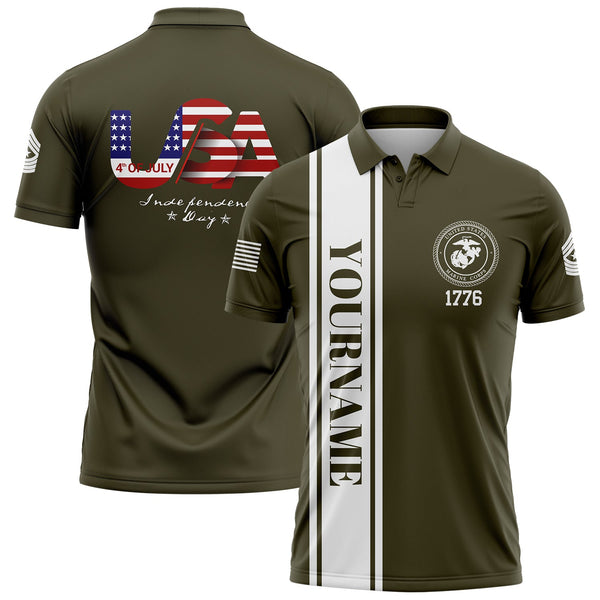 Custom Olive USA Military Rank Name Independence Day Golf Polo Shirt
