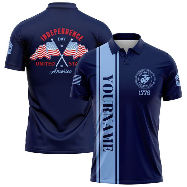 Custom Navy American Flag Military Rank Name Independence Day Golf Polo Shirt