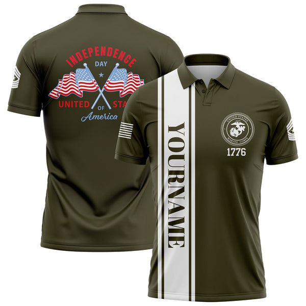 Custom Olive American Flag Military Rank Name Independence Day Golf Polo Shirt