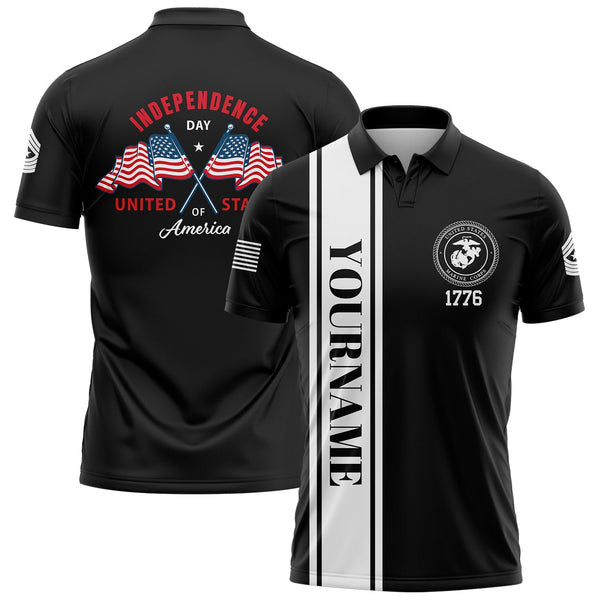 Custom Black American Flag Military Rank Name Independence Day Golf Polo Shirt