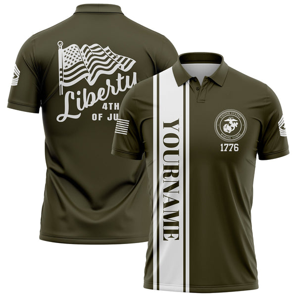 Custom Olive American Flag Military Rank Name Independence Day Golf Polo Shirt