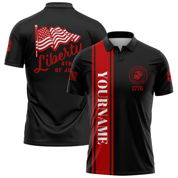 Custom Black American Flag Military Rank Name Independence Day Golf Polo Shirt