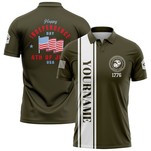 Custom Olive 4th Of July American Flag Military Rank Name Independence Day Golf Polo Shirt