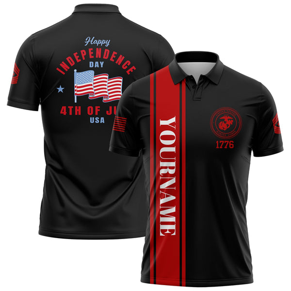 Custom Black 4th Of July American Flag Military Rank Name Independence Day Golf Polo Shirt