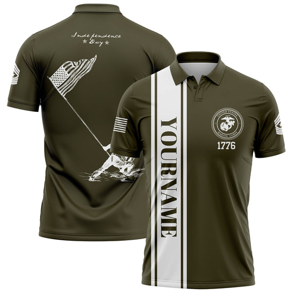 Custom Olive American Flag Military Rank Name Independence Day Golf Polo Shirt