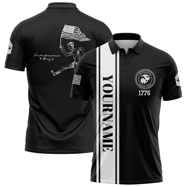 Custom Black American Flag Military Rank Name Independence Day Golf Polo Shirt