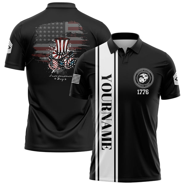 Custom Black Magic Hat American Flag Military Rank Name Independence Day Golf Polo Shirt