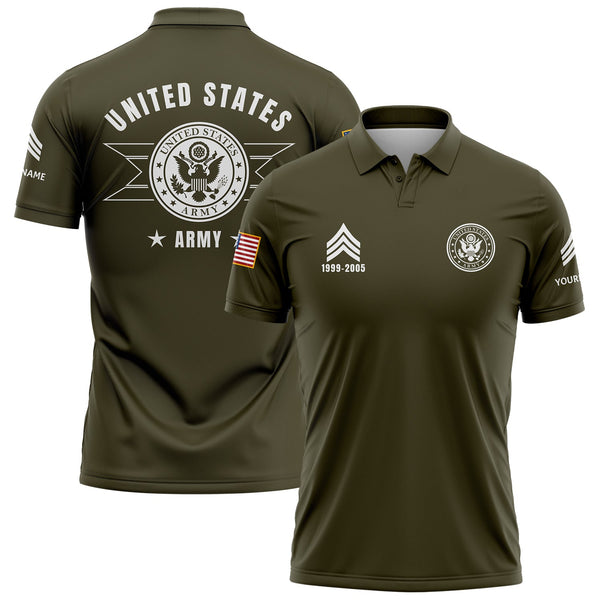 Custom OIive U.S Army Military Rank Veteran Name Golf Polo Shirt