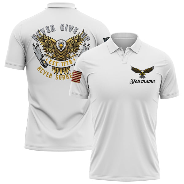Never Give Up Never Surrender Custom White American Patriot Name Golf Polo Shirt