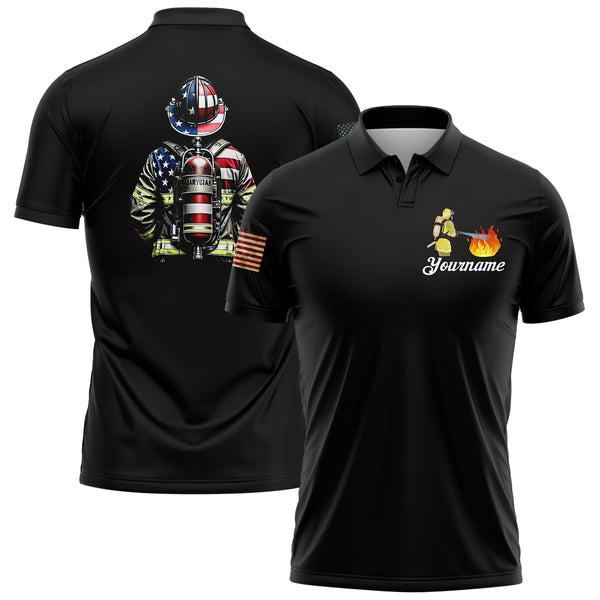 Custom Black American Patriot Firefighter Name Golf Polo Shirt