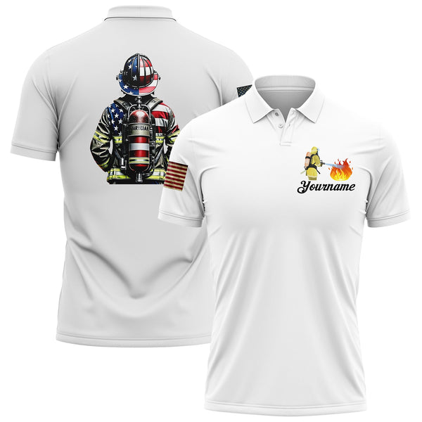Custom White American Patriot Firefighter Name Golf Polo Shirt