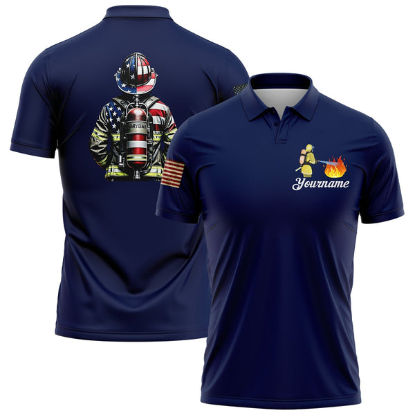Custom Navy American Patriot Firefighter Name Golf Polo Shirt