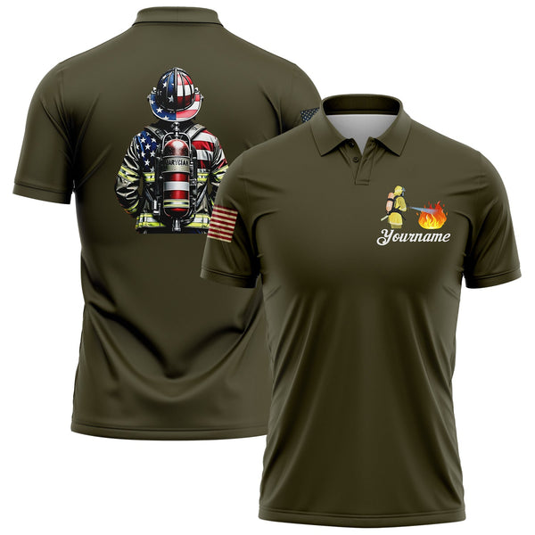 Custom Olive American Patriot Firefighter Name Golf Polo Shirt