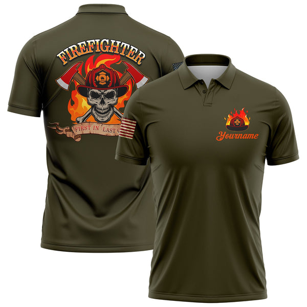 Firefighter First In Last Out Custom Olive American Patriot Name Golf Polo Shirt