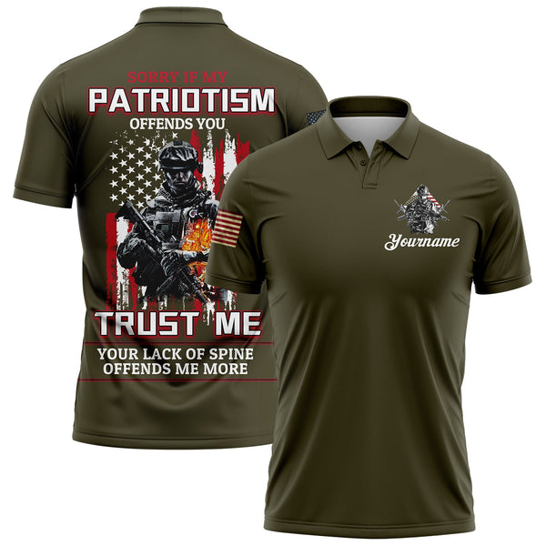 Sorry If My Patriotism Offends You Trust Me Your Lack Of Spine Offends Me More Custom Olive American Patriot Name Golf Polo Shirt