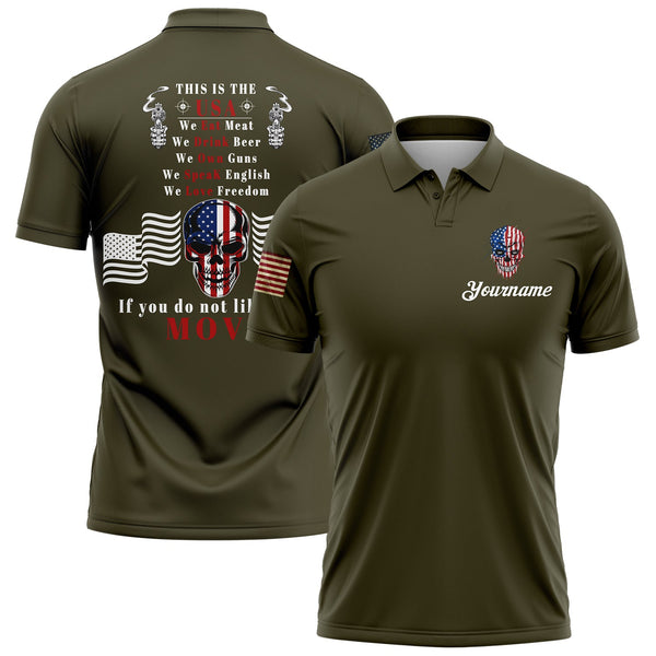 This Is The USA Custom Olive Skull American Patriot Name Golf Polo Shirt