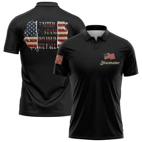 United We Stand Divided We Fall Custom Black American Patriot Name Golf Polo Shirt
