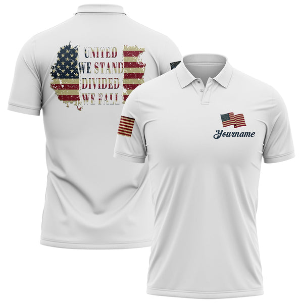 United We Stand Divided We Fall Custom White American Patriot Name Golf Polo Shirt