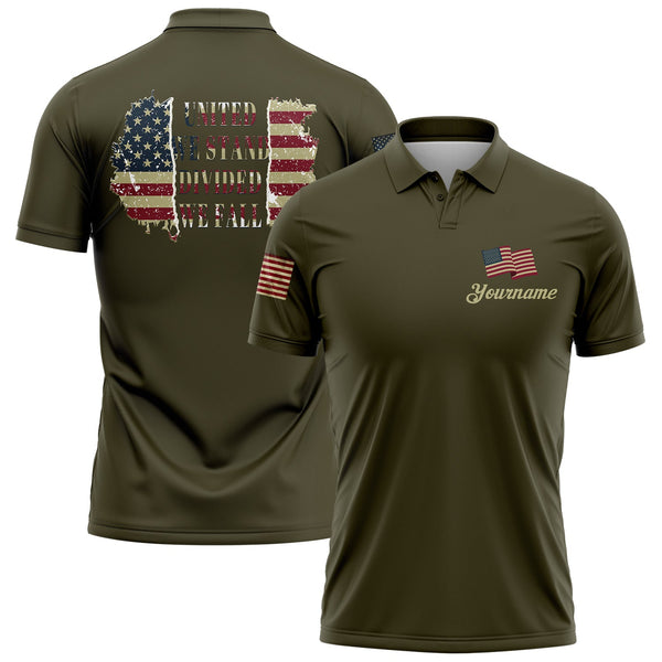 United We Stand Divided We Fall Custom Olive American Patriot Name Golf Polo Shirt