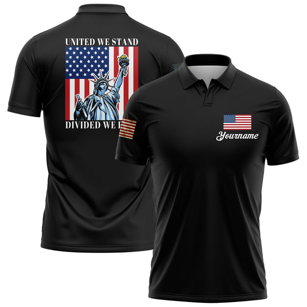 United We Stand Divided We Fall Custom Black American Patriot Name Golf Polo Shirt