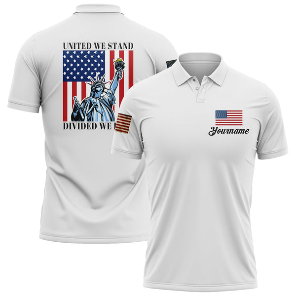 United We Stand Divided We Fall Custom White American Patriot Name Golf Polo Shirt