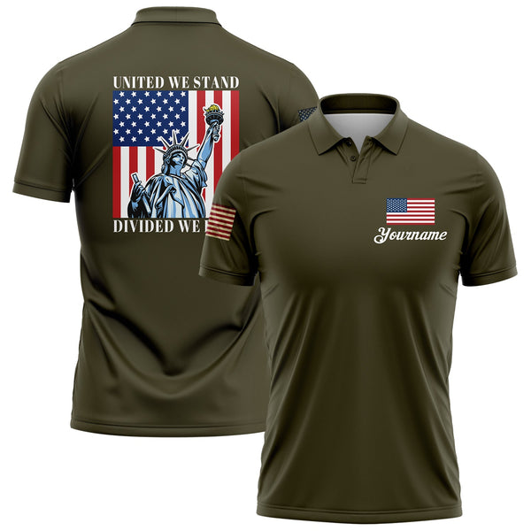 United We Stand Divided We Fall Custom Olive American Patriot Name Golf Polo Shirt