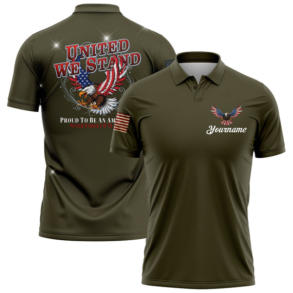 United We Stand Proud To Be An American Never Forget 9-11-2001 Custom Olive American Patriot Name Golf Polo Shirt