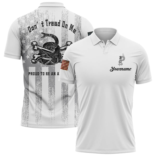 Don't Tread On Me Proud To Be An American Custom White American Patriot Name Golf Polo Shirt