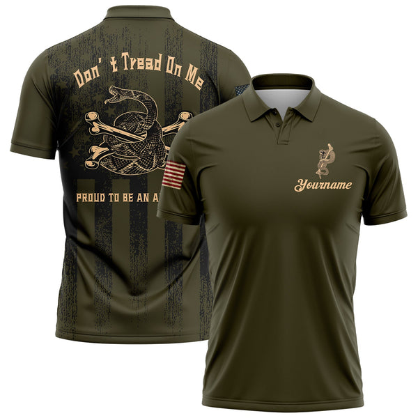 Don't Tread On Me Proud To Be An American Custom Olive American Patriot Name Golf Polo Shirt