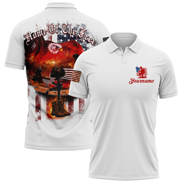 Home Of The Free Because Of The Brave Custom White American Patriot Name Golf Polo Shirt