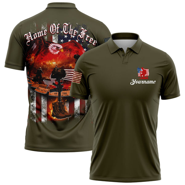 Home Of The Free Because Of The Brave Custom Olive American Patriot Name Golf Polo Shirt