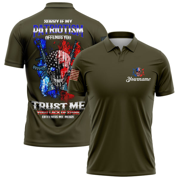 Sorry If My Patriotism Offends You Trust Me Your Lack Of Spine Offends Me More Custom Olive American Patriot Name Golf Polo Shirt