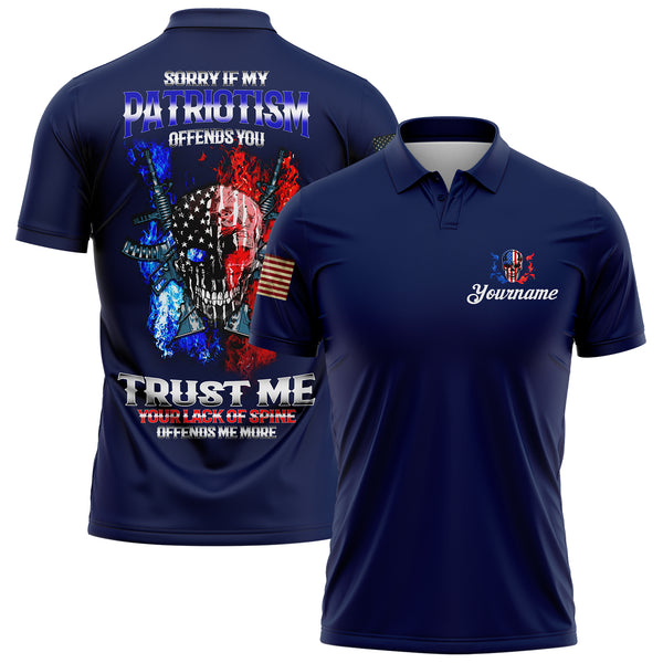 Sorry If My Patriotism Offends You Trust Me Your Lack Of Spine Offends Me More Custom Navy American Patriot Name Golf Polo Shirt