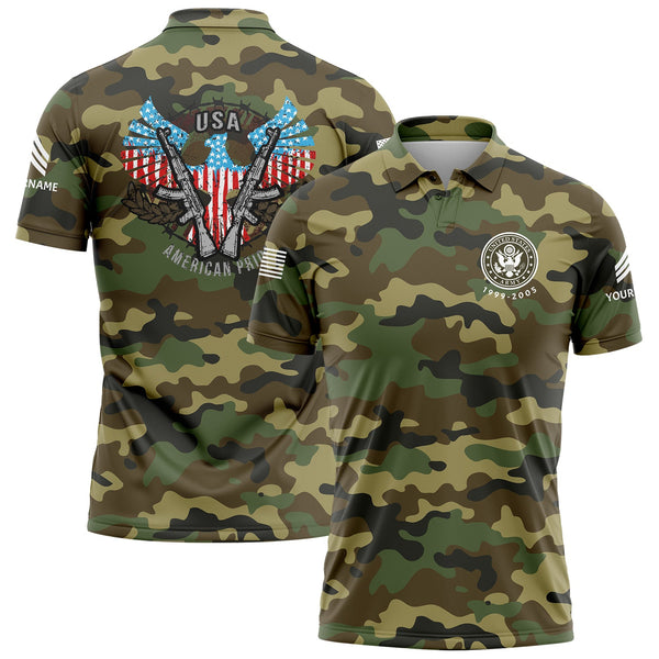 Custom Camo USA Eagle Pride American Flag U.S Army Military Sergeant Rank Name Golf Polo Shirt | Father's Day Gifts