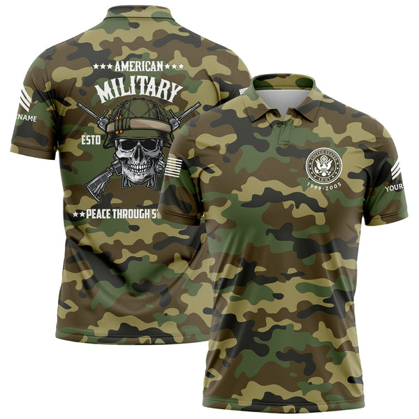 Custom Camo Skull Peace Through Strength 1775 U.S Army Military Sergeant Rank Name Golf Polo Shirt | Father's Day Gifts