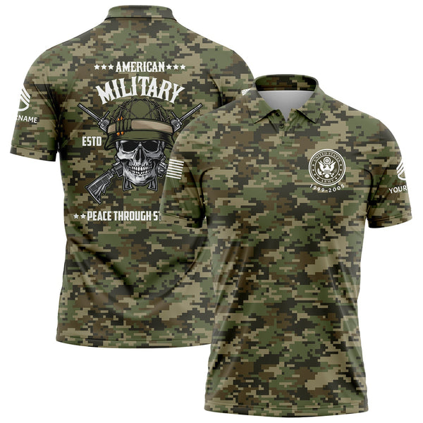 Custom Camo Skull Peace Through Strength 1775 U.S Army Military Staff Sergeant Rank Name Golf Polo Shirt | Father's Day Gifts