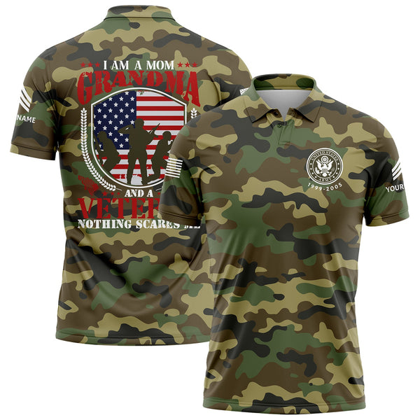 Custom Camo I'm A Mom Grandma Flag U.S Army Military Sergeant Rank Name Veterans Day Golf Polo Shirt | Father's Day Gifts